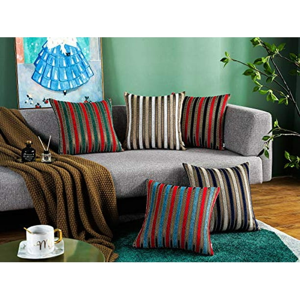 AmHoo Chenille 2 Pack Stripe Throw Pillow Cover Soft Pillowcase Cushion Double-Sided Jacquard Luxury Style for Bed Sofa Couch Decoration 18x18Inch Navy Beige 